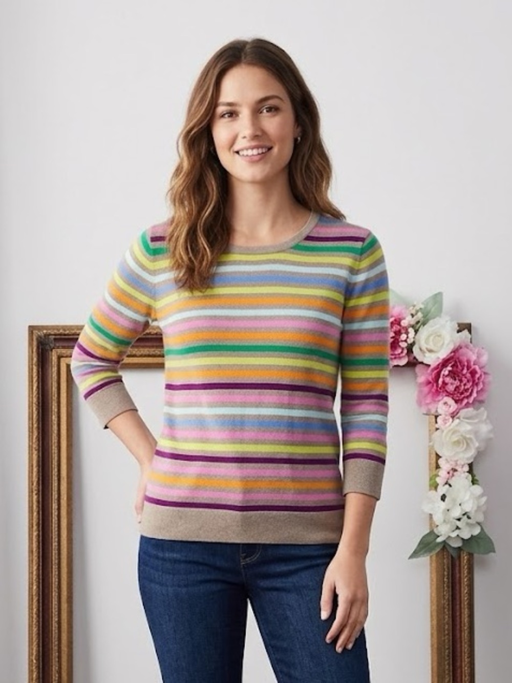 Lands' End 100% Supima Cotton Rainbow Striped Crewneck Sweater M'